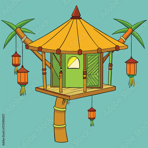 a bamboo treehouse with lanterns hanging from bran.eps
