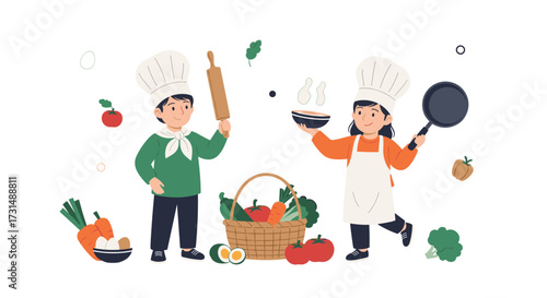 Two young chefs learning to cook with fresh vegetables and kitchen utensils.