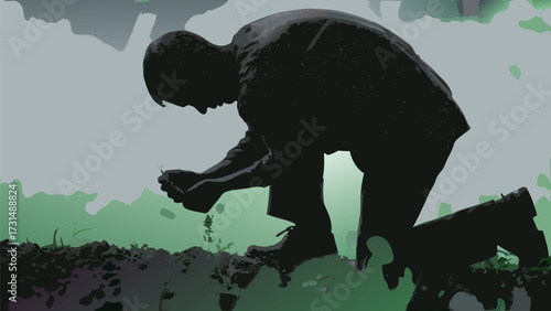 Dedicated farmer carefully plants seedling, cultivating hope and growth in fertile soil