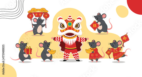 Chinese New Year celebration with dancing lions and adorable rats. Festive rodent characters carrying gifts and lanterns joyfully greet the new year.
