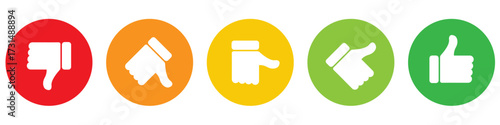 Set of colourful hand gesture icons including thumbs up, thumbs down, and neutral signs in circles. Perfect for feedback, ratings, approvals, user reviews, and reaction graphics. Icons, vector.