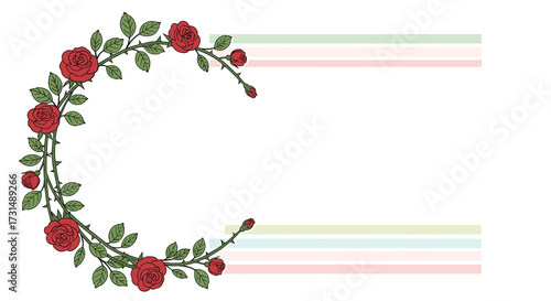 A beautiful circular arrangement of red roses and green leaves forms a delicate border with soft pastel stripes on the right side.