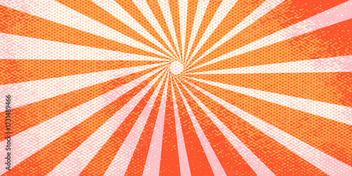 Orange groovy swirl background with rays retro color and texture. Bg groovy swirl sunburst