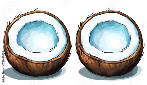 Two Halves of Fresh Coconut with Coconut Water