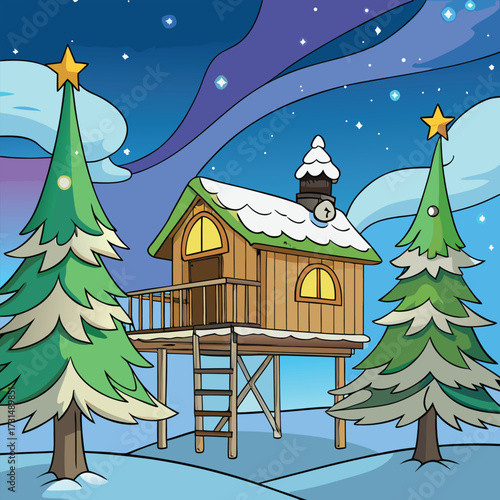 a frosty northern lights treehouse .eps