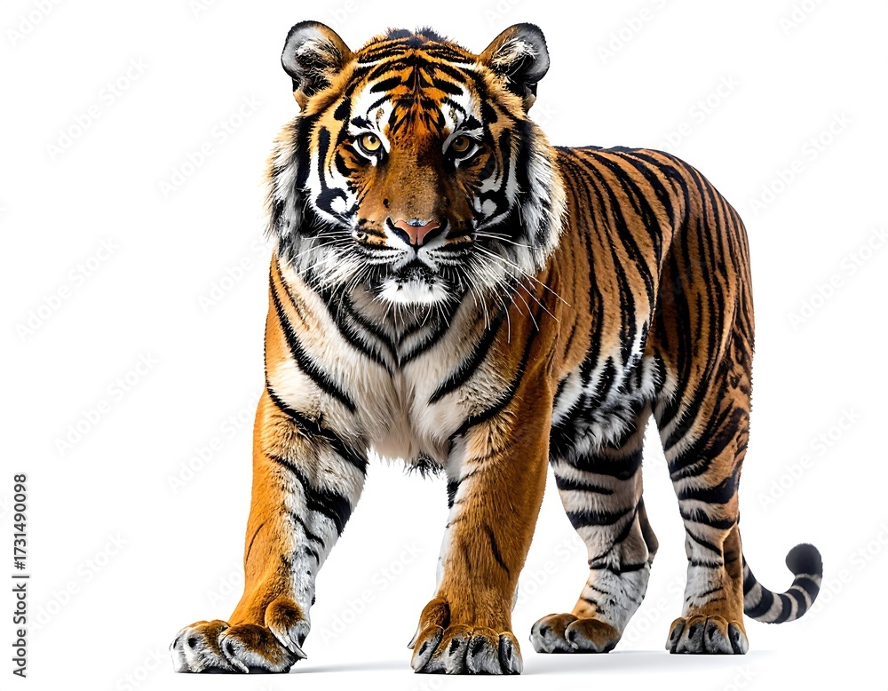 Fototapeta premium Powerful tiger, full-body shot, alert gaze, against white background