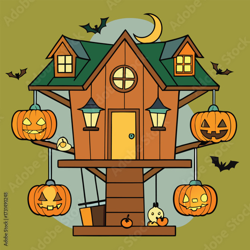 a halloween treehouse with jack o lantern lanterns.eps