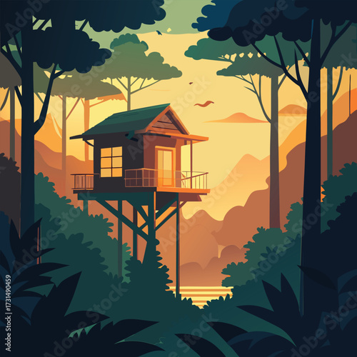 a hidden rainforest treehouse glowing in golden su (2).eps