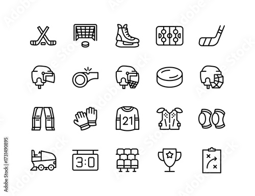 Ice Hockey Vector Icon Set | Editable Stroke | Helmet, puck, rink, whistle, scoreboard, stick, jersey, skates, goal, gloves, coach, pads, arena