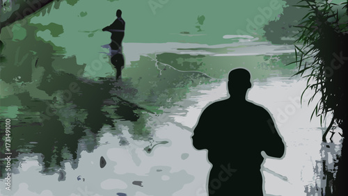 Eerie riverside scene with shadowy figures wading in tranquil water, a mysterious nature adventure