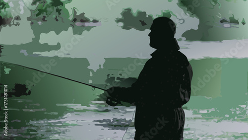 Man enjoying peaceful fly fishing trip in nature, casting line into the water for sport
