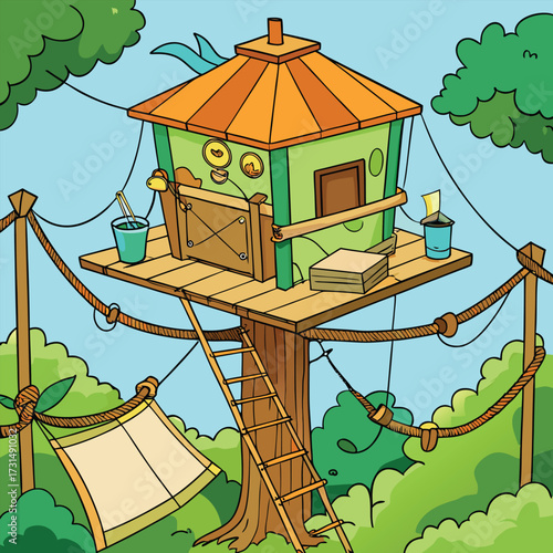 a jungle expedition treehouse with ropes and maps .eps