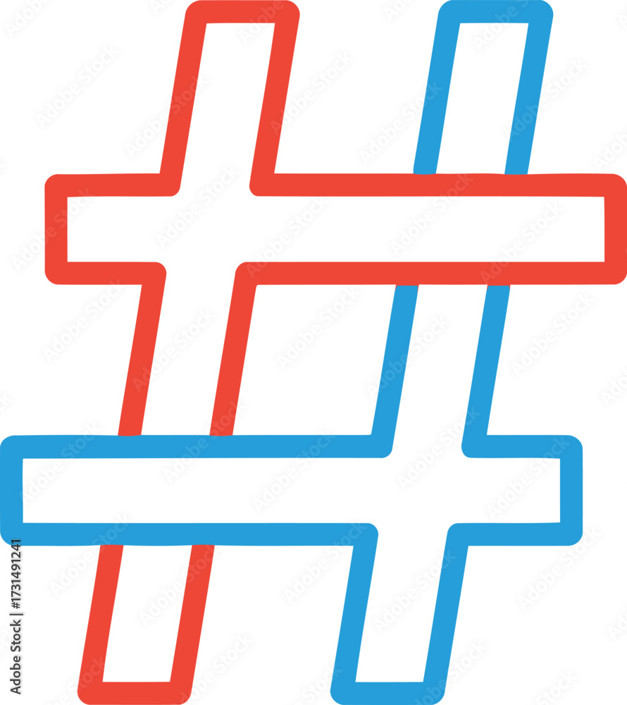 Obraz premium Hashtag symbol with red and blue lines, representing social media and online trends.
