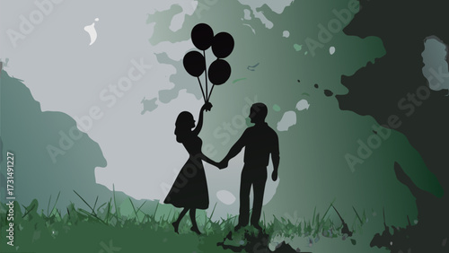 Romantic couple holding hands with balloons in dreamy silhouette, love and connection concept