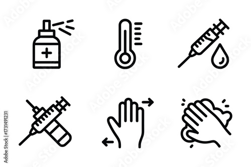 Hygiene & Health Safety Line Icons - Spray Bottle, Thermometer, Syringe, Hand Wash, Vaccine for Medical Apps, Public Health Campaigns & Wellness UI

