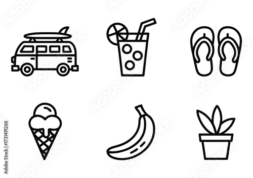 Summer Travel & Tropical Escape Line Icons - Van, Cocktail, Flip Flops, Ice Cream, Banana, Plant for Tourism Apps, Social Media & Seasonal Marketing

