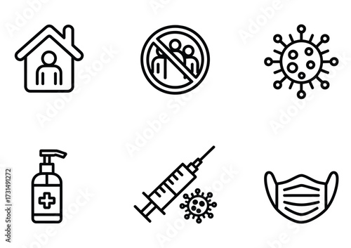 Pandemic Safety & Virus Protection Line Icons - Mask, Sanitizer, Syringe, No Crowds, Virus Cell, Home Quarantine for Healthcare Apps, Awareness Campaigns & Corporate UI

