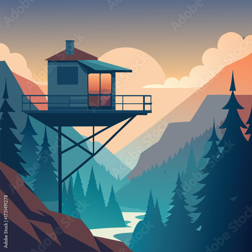 a modern cabin style treehouse perched over a mist (2).eps