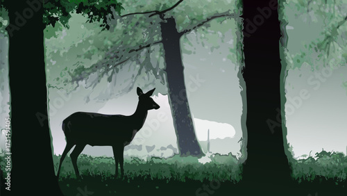 Stunning deer silhouette in misty woodland scene, evoking peacefulness and wildlife conservation