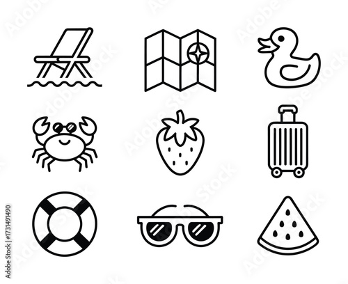 Beach Lifestyle & Seaside Fun Line Icons - Lounge Chair, Map, Rubber Duck, Crab, Strawberry, Suitcase, Lifebuoy, Sunglasses, Watermelon for Tourism Apps & Seasonal Design

