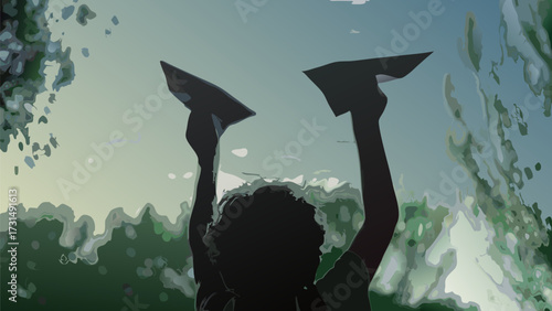 Dreamy child playfully launches paper airplanes toward the expansive sky, fostering hope and imagination