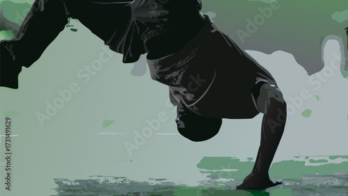 Dynamic figure performing a handstand outdoors in athletic gear showcasing balance and strength
