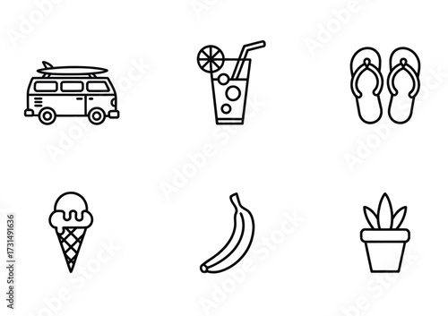 Summer Travel & Tropical Escape Line Icons - Van, Cocktail, Flip Flops, Ice Cream, Banana, Plant for Tourism Apps, Social Media & Seasonal Marketing

