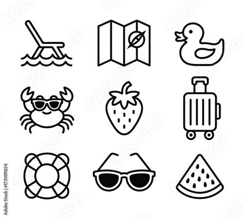 Beach Lifestyle & Seaside Fun Line Icons - Lounge Chair, Map, Rubber Duck, Crab, Strawberry, Suitcase, Lifebuoy, Sunglasses, Watermelon for Tourism Apps & Seasonal Design

