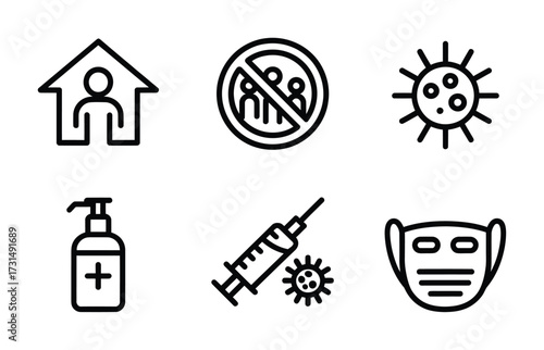 Pandemic Safety & Virus Protection Line Icons - Mask, Sanitizer, Syringe, No Crowds, Virus Cell, Home Quarantine for Healthcare Apps, Awareness Campaigns & Corporate UI

