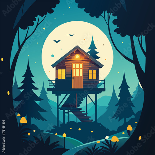 a romantic moonlit treehouse glowing with fireflie (2).eps