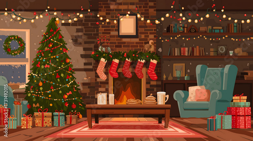 Cozy christmas scene illustration with tree fireplace and gifts vector