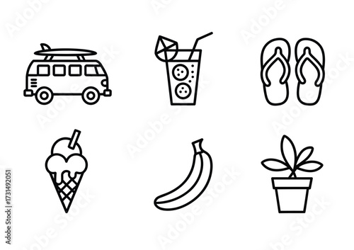 Summer Vacation & Travel Line Icons - Van, Cocktail, Flip Flops, Ice Cream, Banana, Plant for Tourism Apps, Social Media, Travel Blogs & Seasonal Marketing

