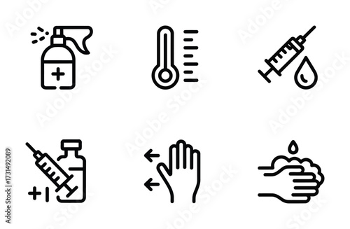 Hygiene & Health Safety Line Icons - Spray Bottle, Thermometer, Syringe, Hand Wash, Vaccine for Medical Apps, Public Health Campaigns & Wellness UI

