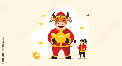 A festive ox dressed in traditional clothing holds a gold ingot while a small child stands beside him.
