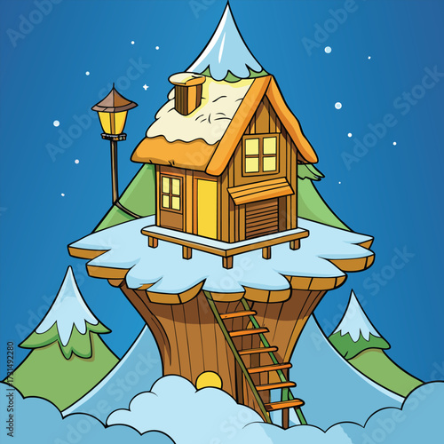 a snowy ridge treehouse glowing warm light .eps