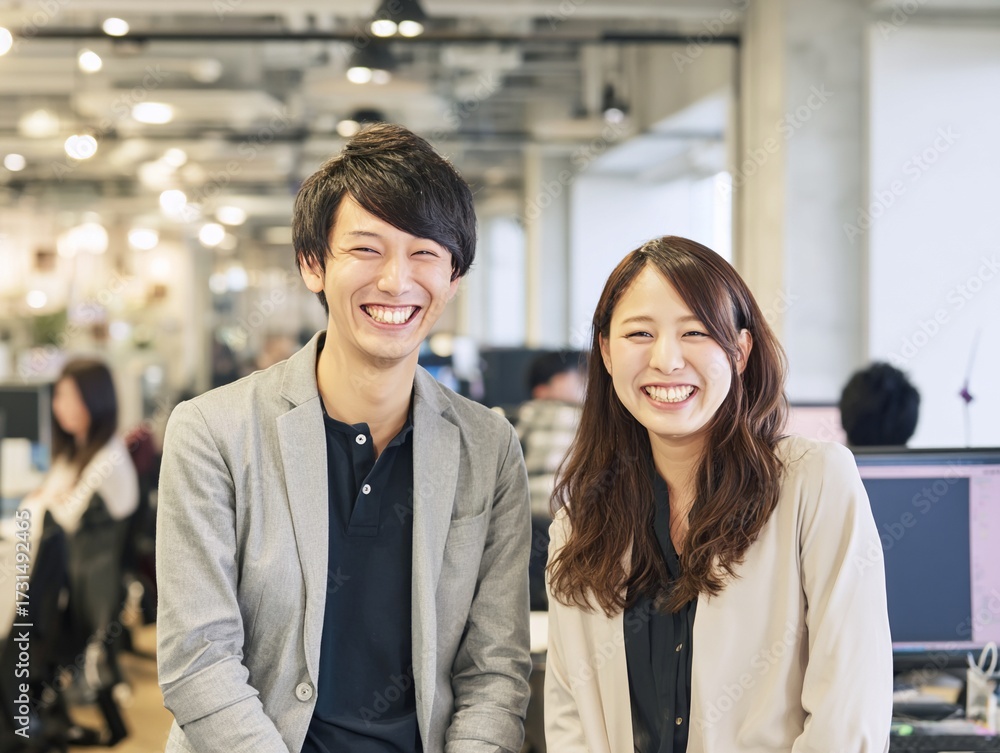 Obraz premium Japanese happy asian business team smiling in modern office workplace environment portrait