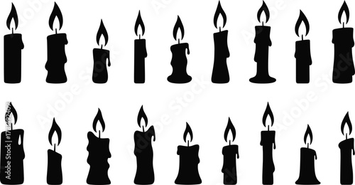 Burning candle silhouettes, wax candle collection, glowing flame illustration, candlelight vector design, spiritual symbol artwork, black candle shapes, religious decorative elements