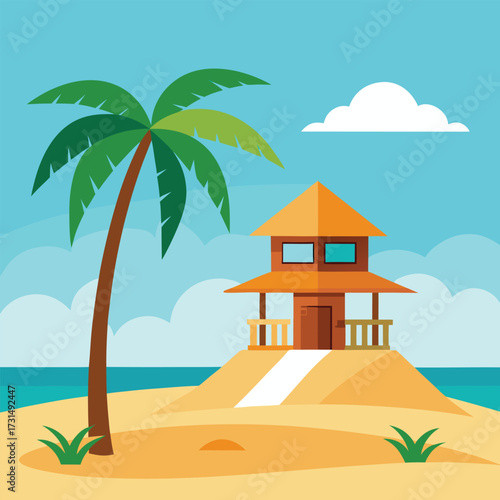 a summer beach palm treehouse above sand  (1).eps