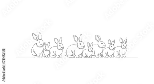 Line art of rabbits with cute and fluffy illustration, line drawing of family