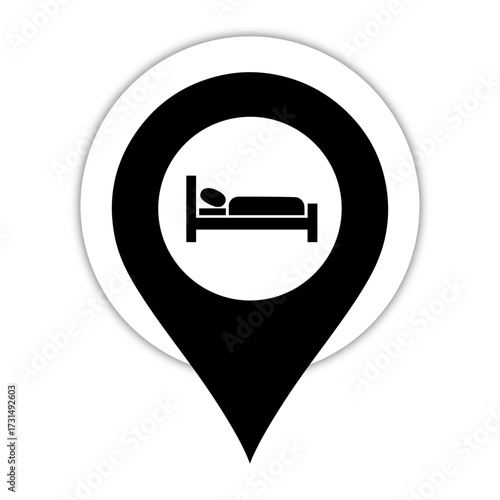 Vector black and white hotel location pin icon with bed symbol indicating accommodation spot on transparent background