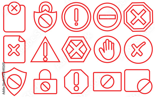Red Stop, Do Not Enter, Blocked and Forbidden Sign Icon Set – Traffic, Safety, and Prohibition Symbols for Apps and Websites