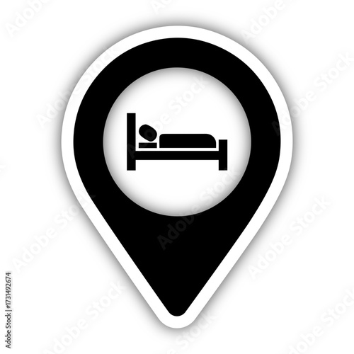 Vector black and white location pin icon with hotel bed symbol indicating lodging location on transparent background
