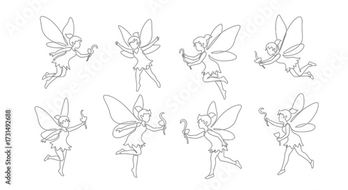 Enchanting Outline of Fairies in Various Poses, Holding Wands in Line Art