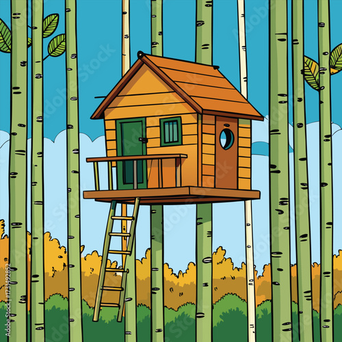 a tiny wooden treehouse perched high in an aspen g.eps