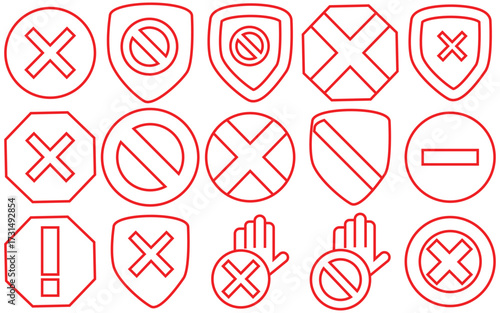Red Stop, Do Not Enter, Blocked and Forbidden Sign Icon Set – Traffic, Safety, and Prohibition Symbols for Apps and Websites