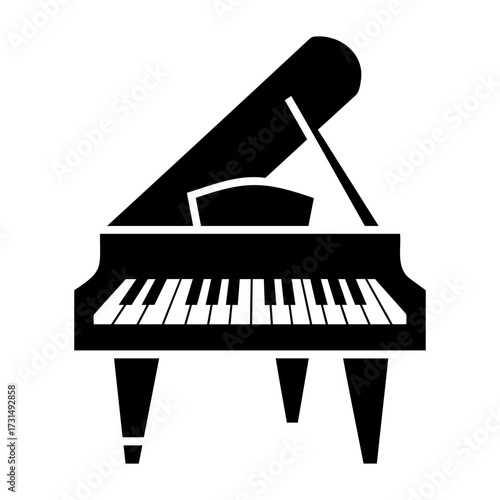 Vector illustration of a grand piano with its lid open and keys visible in black and white on transparent background