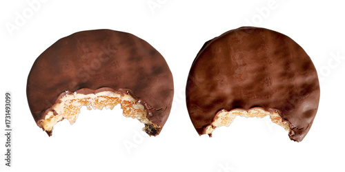 Half bitten chocolate biscuit with caramel filling from two different angles on transparent background, sweet cookie dessert snack showing gooey caramel center, tasty chocolate treat isolated