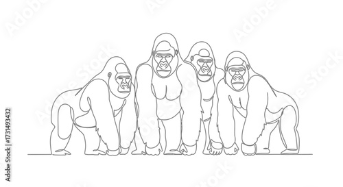 Striking minimalist line art illustration featuring four powerful gorillas in unity
