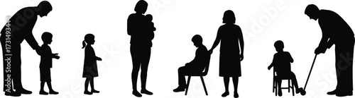 Silhouette illustration of family life stages from childhood to old age, parent and child care concept, generation growth vector design, human life cycle