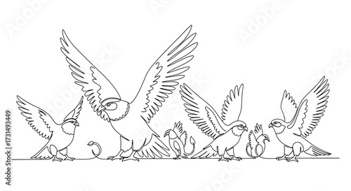 Continuous line drawing of birds in flight and perched, artistic animal illustration